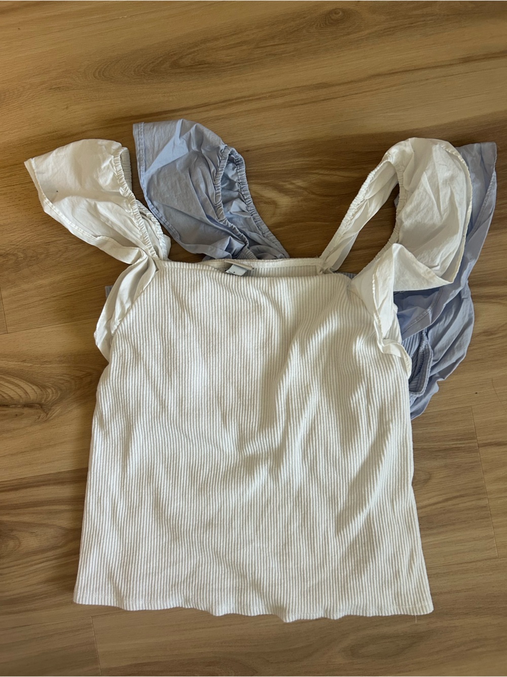 Anna & Ava White Ribbed Tank Top with Light Blue Ribbon Straps